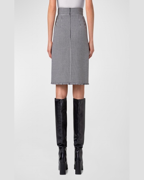 Front-Pleat Wool-Blend Houndstooth Fringed Skirt