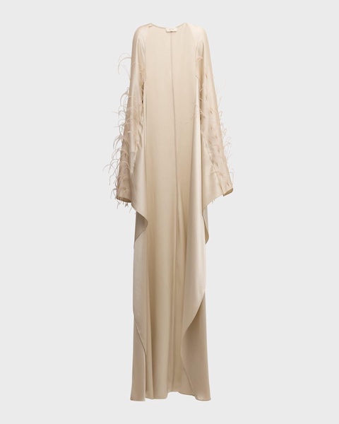 Feather-Embellished Doubleface Satin Long-Sleeve Caftan