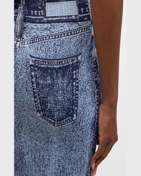 Lily Denim-Print Wavy Slit Midi Skirt