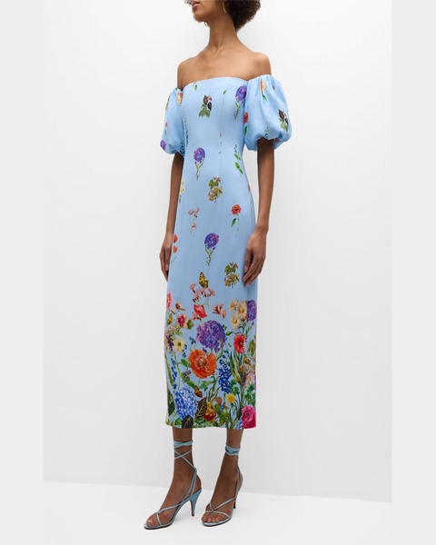 Karene Floral Crepe Puff-Sleeve Midi Dress