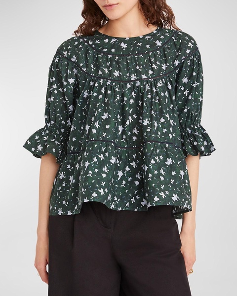 Sol Puff-Sleeve Printed Cotton Top