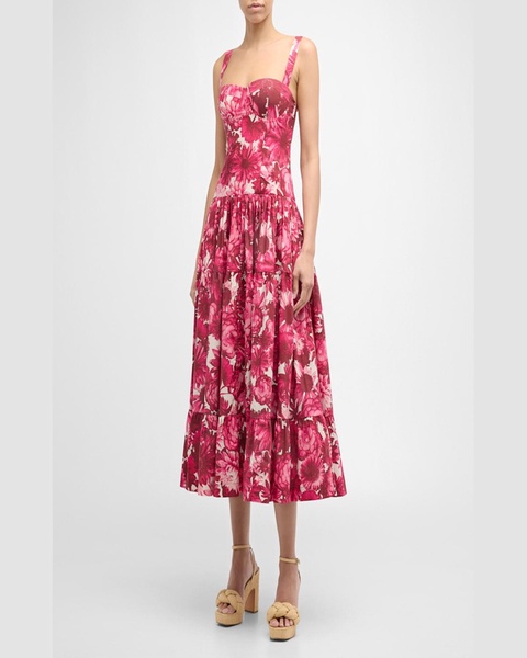 Santiago Bustier Tiered Floral Poplin Midi Dress