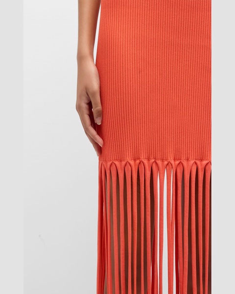 Sleeveless Crepe Matte Ribbed Fringe Maxi Dress