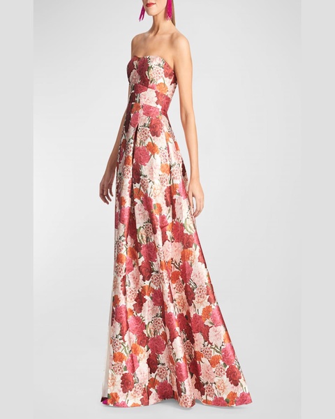 Giovanna Strapless Pleated Floral-Print Gown