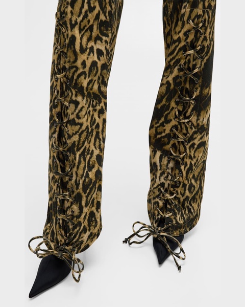 Leopard-Print Laced Wide-Leg Denim Pants