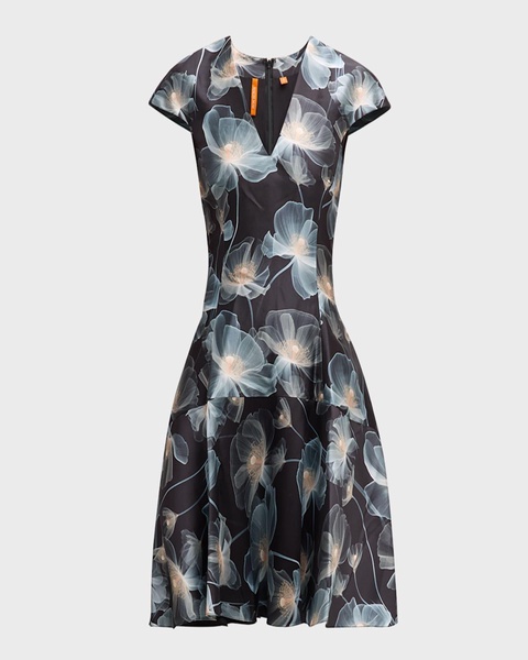 Floral Cap-Sleeve Flounce Dress