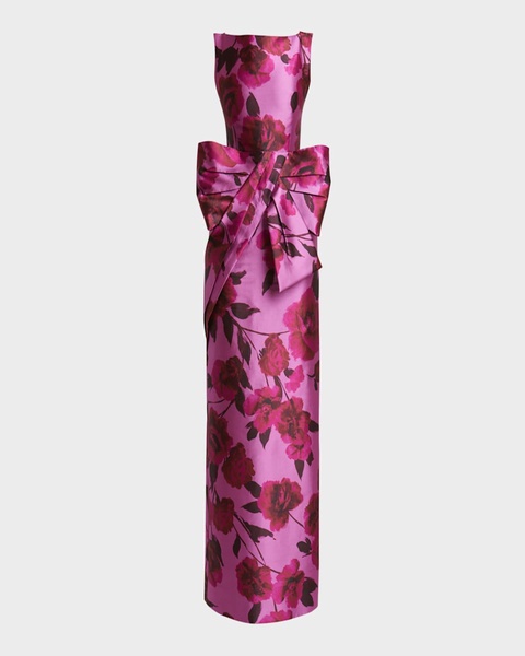 Floral Bow-Front Sleeveless Column Gown