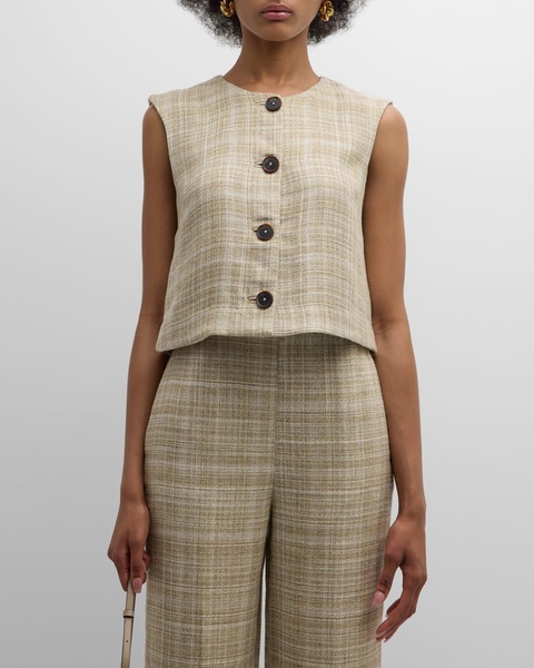 Remo Silk Linen Plaid Vest Top