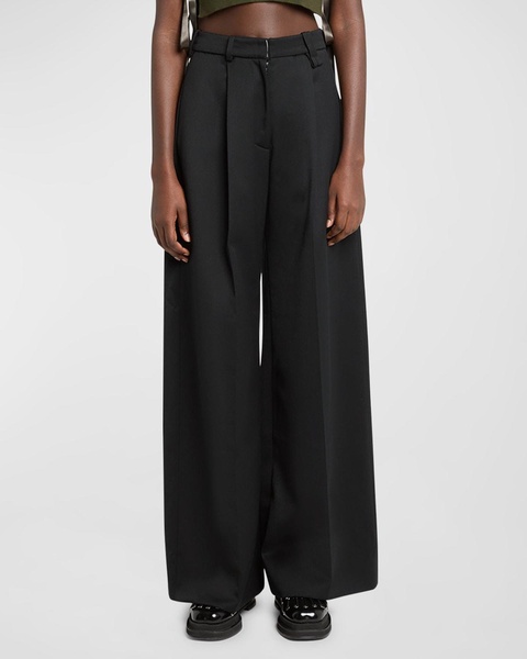 Faux-Fur Trim Pleated Wide-Leg Trousers