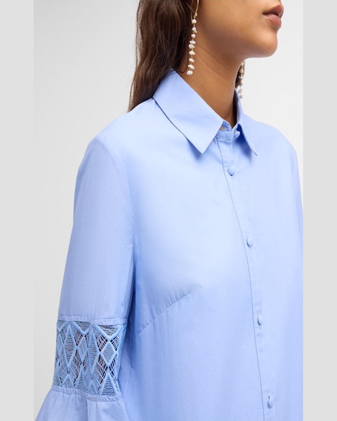 Lace-Inset Blouson-Sleeve Shirt Dress