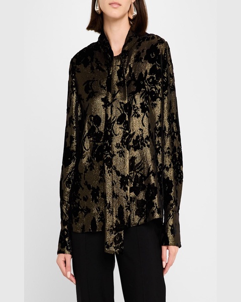 Tie-Neck Metallic Floral Jacquard Blouse