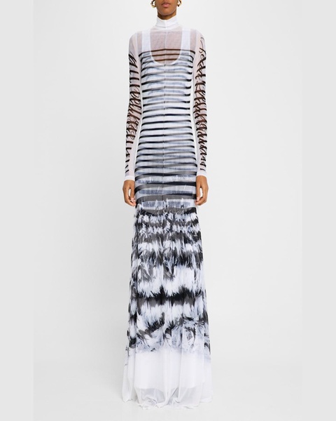 Feather Mariniere-Printed Mesh Long-Sleeve Gown