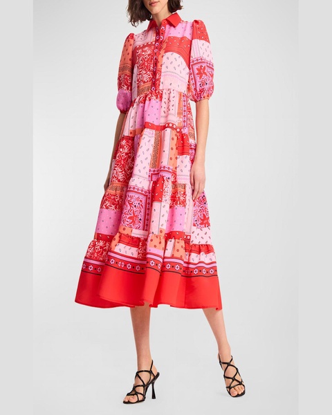 tiered patchwork-print midi shirtdress