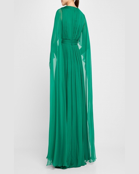 V-Neck Cape-Sleeves Chiffon Gown