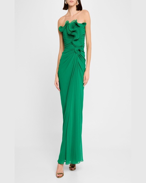 Strapless Pleated Ruffle Column Gown