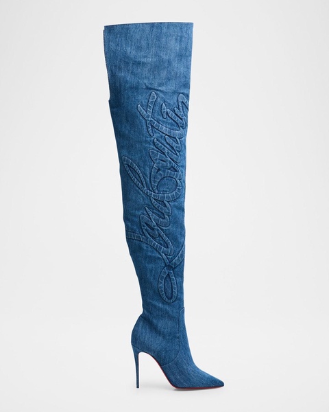 Kate Denim Embroidered Red Sole Over-The-Knee Boots