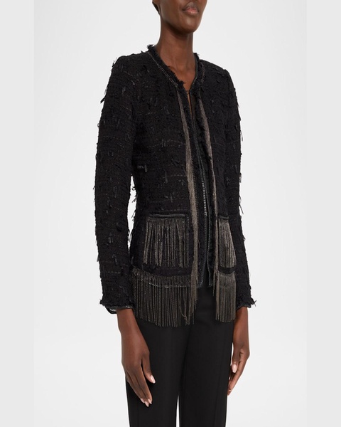 Leyla Chain-Trim Fringe Tweed Jacket