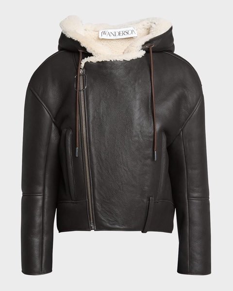 Shearling Hooded Leather Biker Jacket