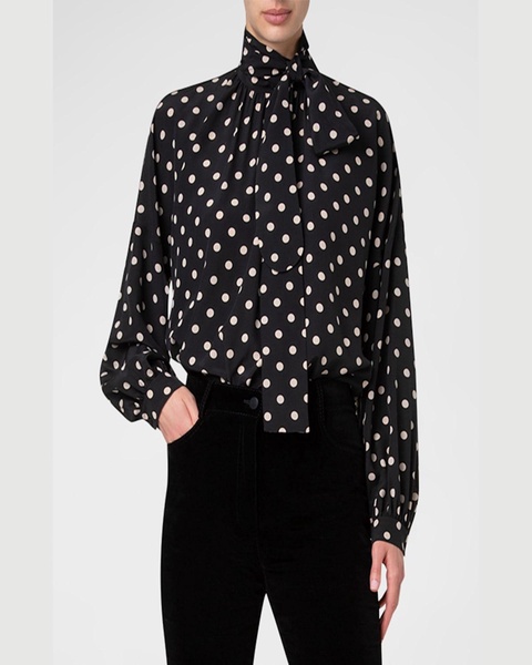 Crepe De Chine Dot Print Blouse with Tie Neck