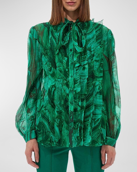 Abstract Ruffle Bib Scarf-Neck Silk Blouse