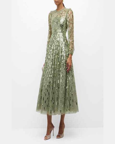 Long-Sleeve Sequined Dash Ankle Gown 