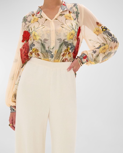 Floral Crystal-Embellished Button-Front Blouse