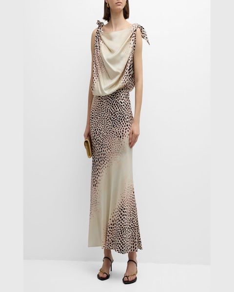 Print Cowl-Neck Tie Shoulder Silk Gown