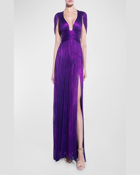 Laurel Plunging Drape Backless Metallic Plisse Gown