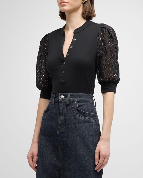 Coralee Lace Sleeve Button-Front Top