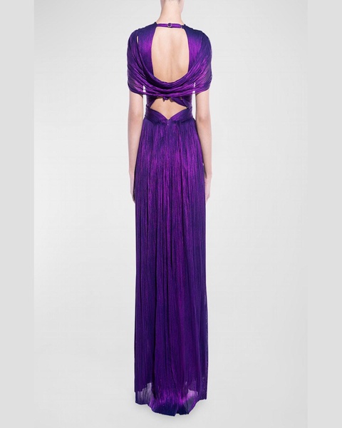 Laurel Plunging Drape Backless Metallic Plisse Gown