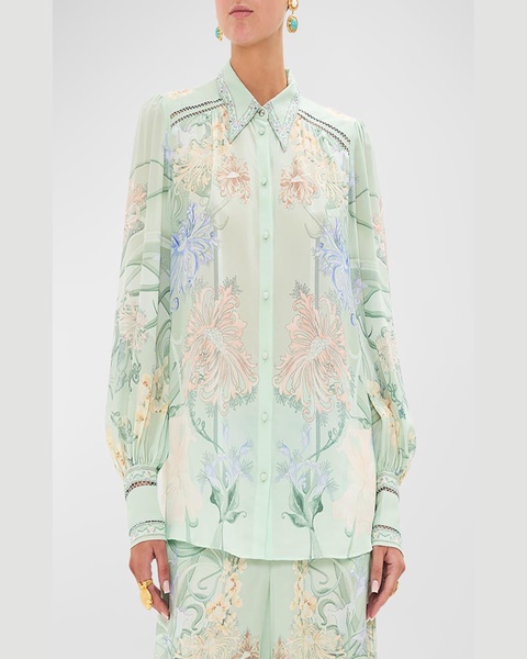 Floral Silk Button-Front Blouson-Sleeve Blouse