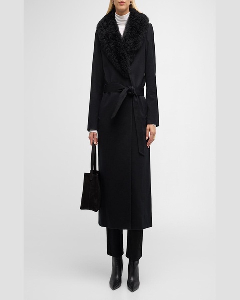 Cashmere-Blend Long Belted Wrap Coat with Shearling Collar