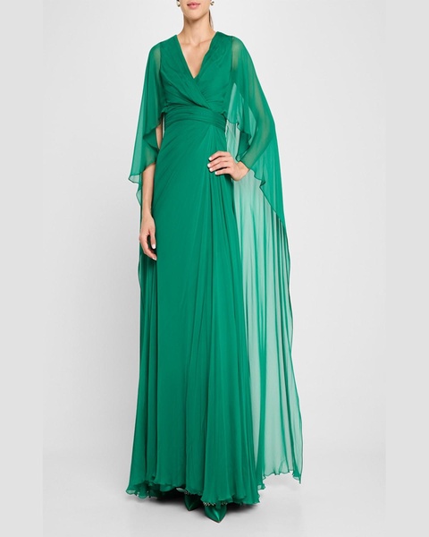 V-Neck Cape-Sleeves Chiffon Gown