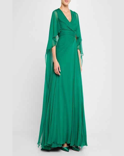 V-Neck Cape-Sleeves Chiffon Gown