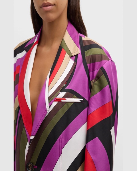 Abstract-Print Single-Breasted Silk Jacket