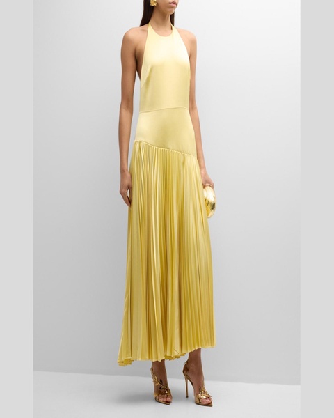 Saab Pleated Satin Backless Halter Dress