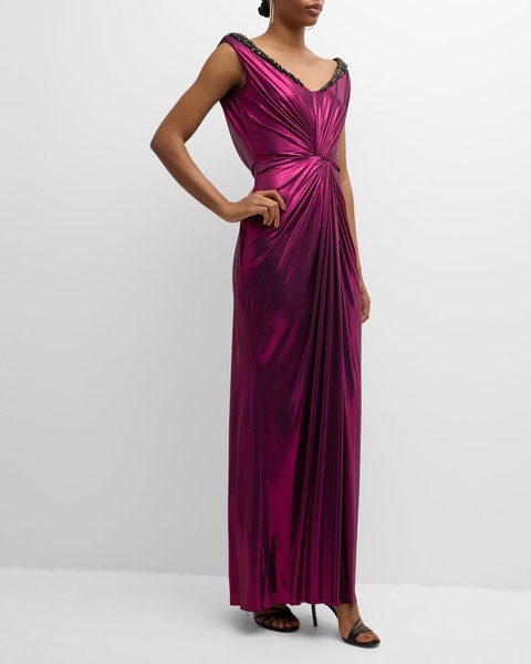 Crystal Open-Back Gunmetal Oil Jersey Knotted Gown