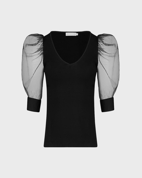 Aerial Sheer Puff-Sleeve V-Neck T-Shirt