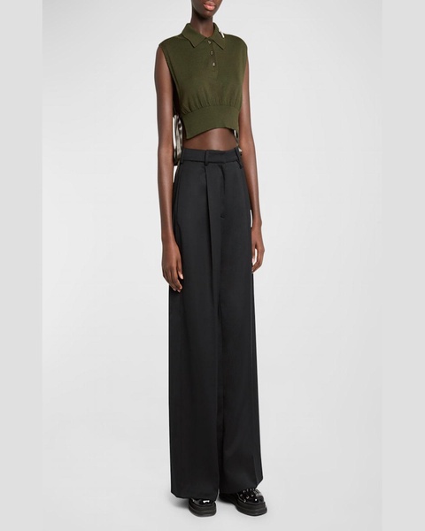 Faux-Fur Trim Pleated Wide-Leg Trousers