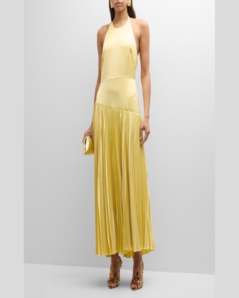 Saab Pleated Satin Backless Halter Dress