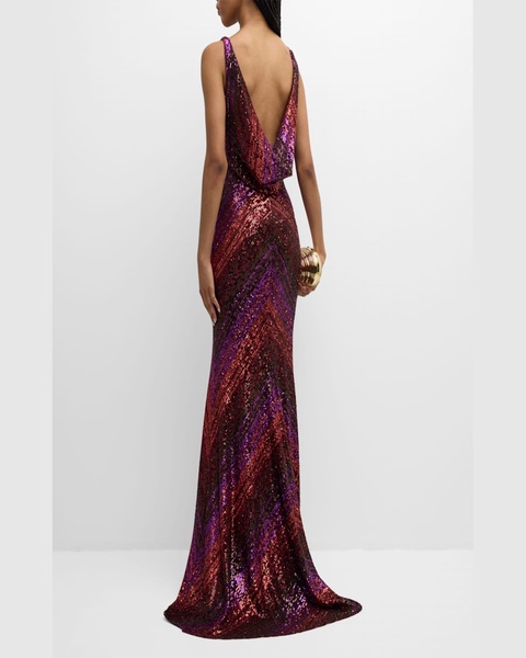 Plunging Sequined Cowl Backless Gown