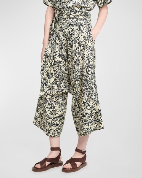 Yuki Flower-Print Wrap-Waist Wide-Leg Crop Linen Pants