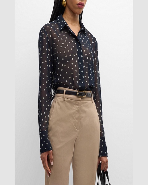 Chika Polka-Dot Sheer Button-Front Top