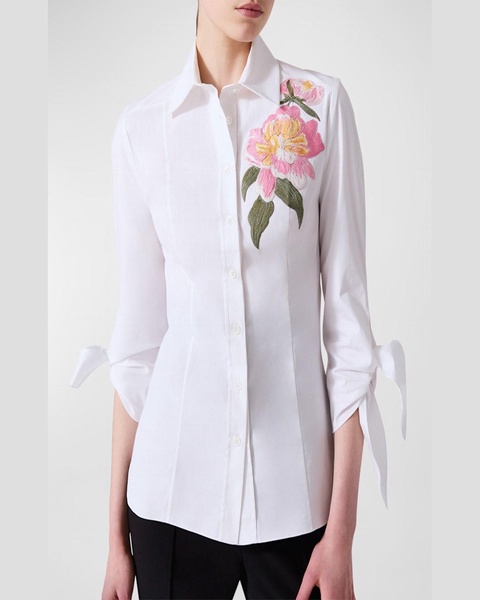 Floral Embroidered Tie-Sleeve Button-Down Shirt