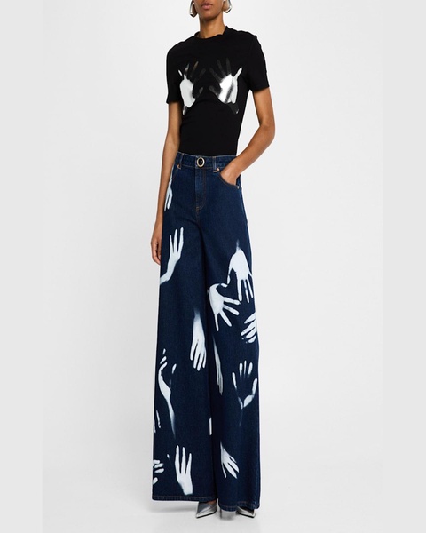 High-Rise Handprint Wide-Leg Jeans