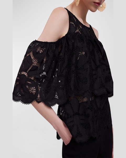 Monique Cold-Shoulder Ruffle Sheer Lace Blouse