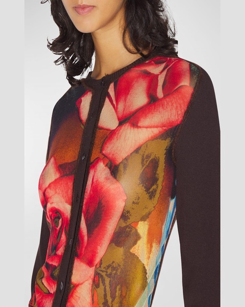 Roses-Print Long-Sleeve Crewneck Cardigan