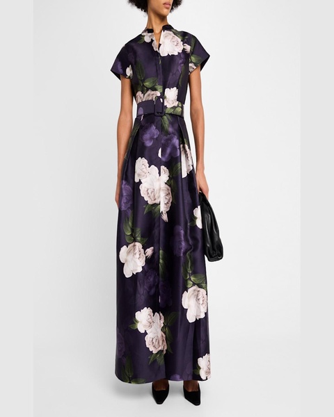 Marta Pleated Floral-Print Shirt Gown