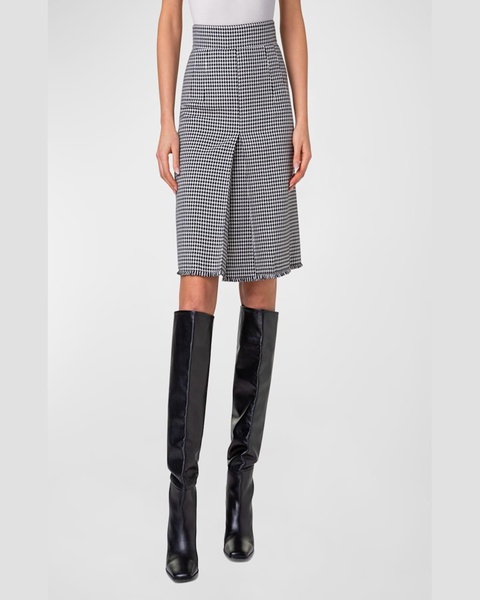 Front-Pleat Wool-Blend Houndstooth Fringed Skirt