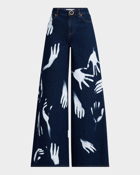 High-Rise Handprint Wide-Leg Jeans